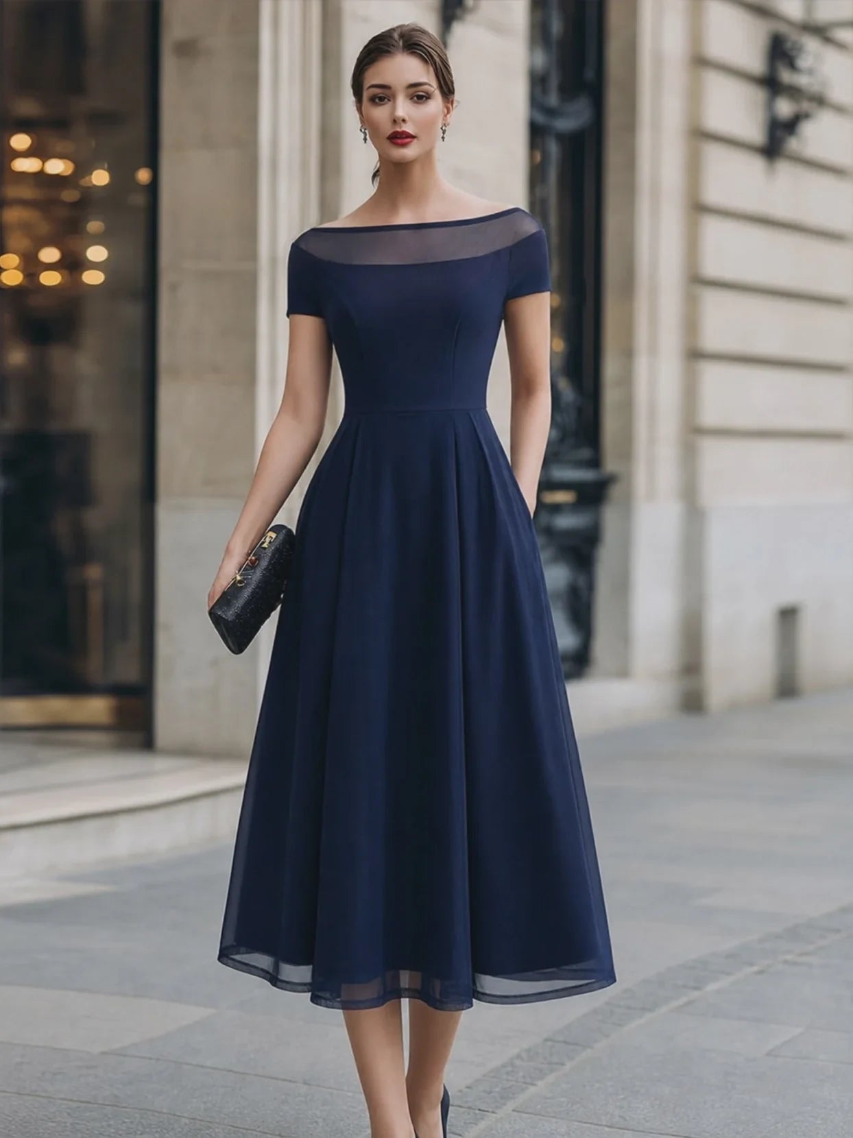 Sophisticated Chiffon A-Line Illusion Boat Neck Short Sleeve Zipper Back Midi Evening Dresses