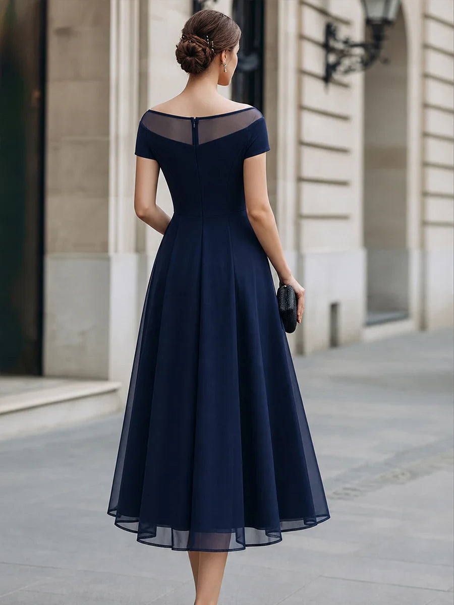 Sophisticated Chiffon A-Line Illusion Boat Neck Short Sleeve Zipper Back Midi Evening Dresses