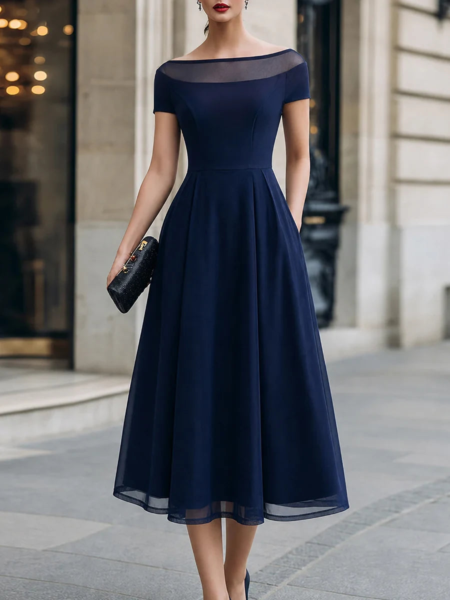 Sophisticated Chiffon A-Line Illusion Boat Neck Short Sleeve Zipper Back Midi Evening Dresses