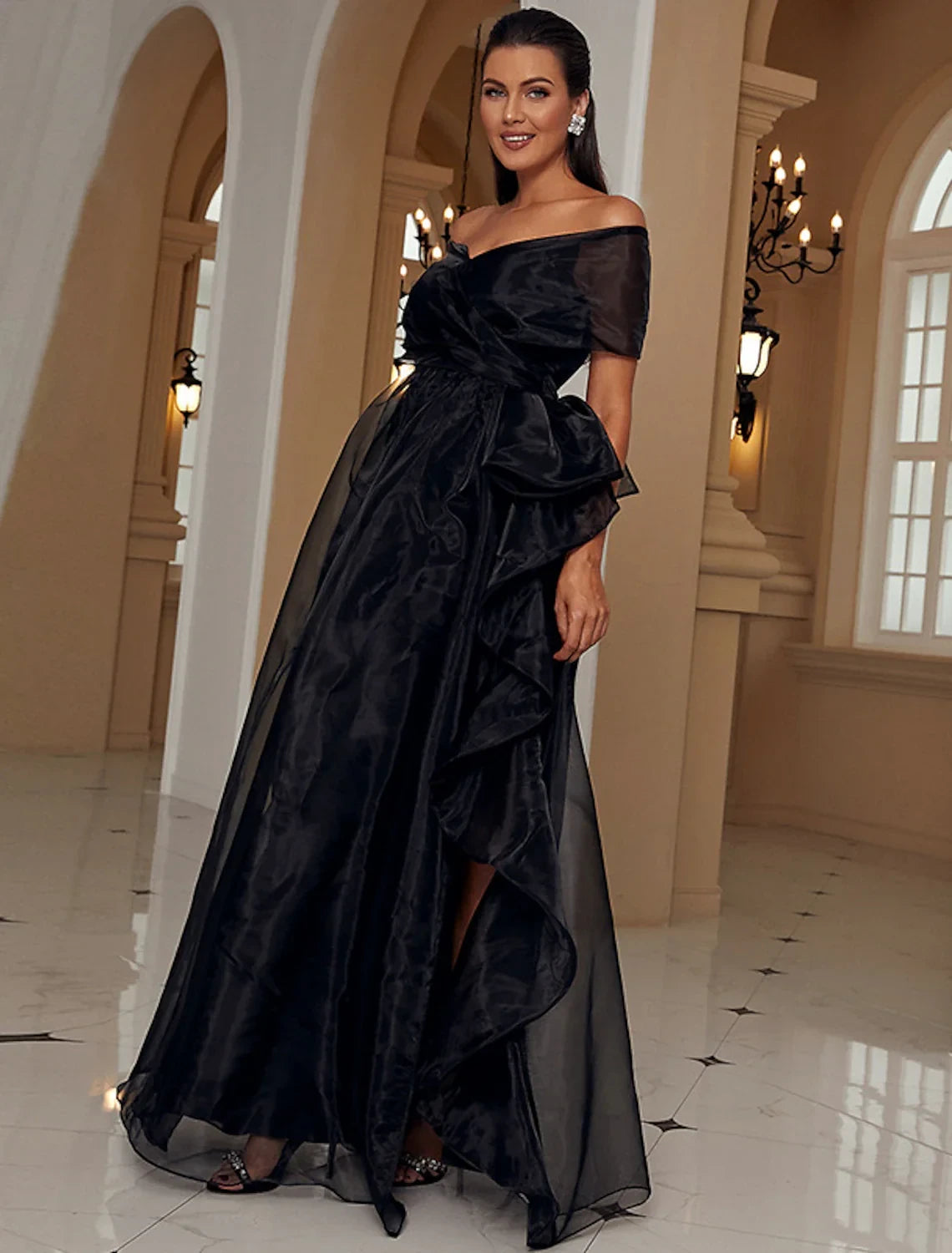 Sophisticated Chiffon A-Line Off-Shoulder Sweetheart Short Sleeves Zipper Back Floor-Length Evening Dresses