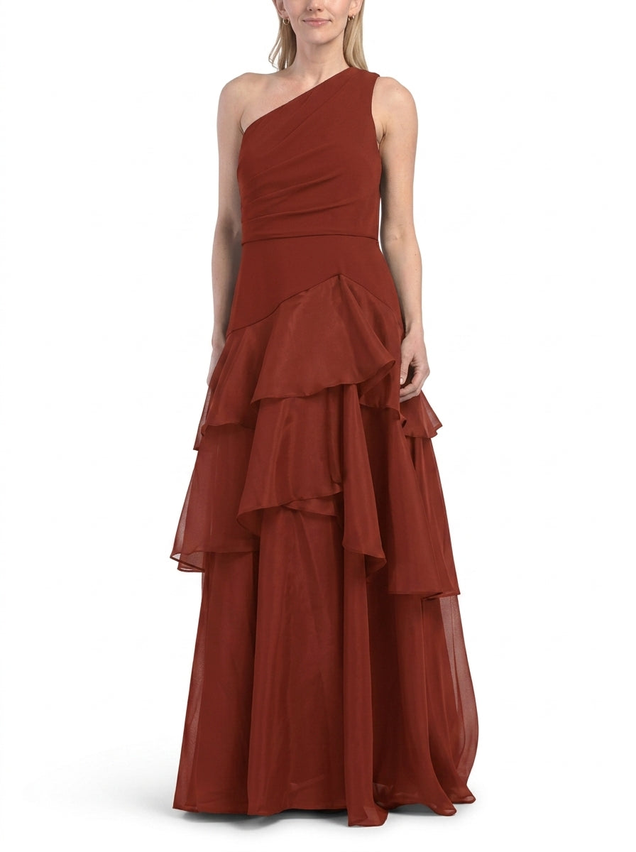 Sophisticated Chiffon A-Line One-Shoulder Sleeveless Zipper Back Floor-Length Tiered Evening Dresses