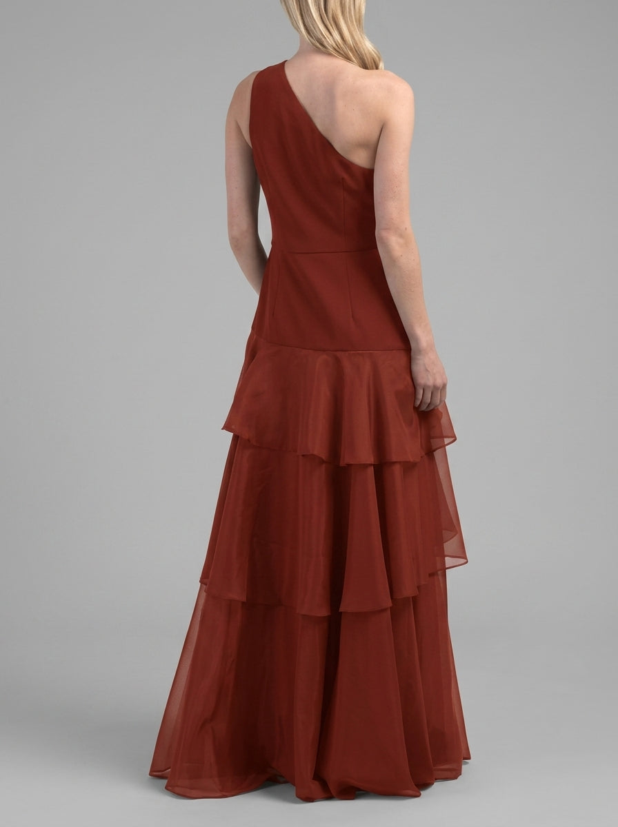 Sophisticated Chiffon A-Line One-Shoulder Sleeveless Zipper Back Floor-Length Tiered Evening Dresses