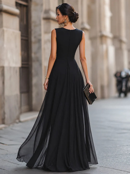 Black Chiffon Sheath/column Floor-Length Evening Dress with Side Ruching & High Slit