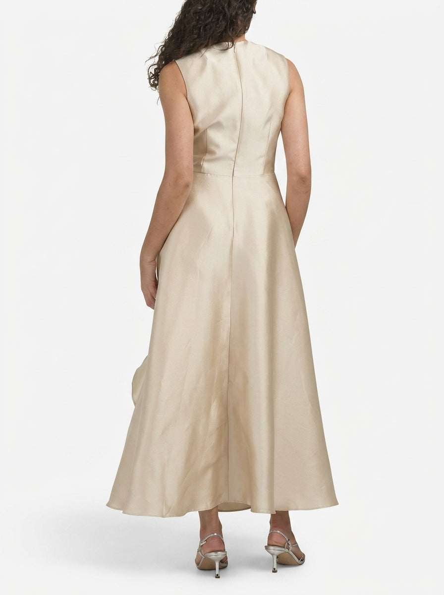 Sophisticated Satin A-Line Jewel Neck Sleeveless Zipper Back Midi Evening Dresses