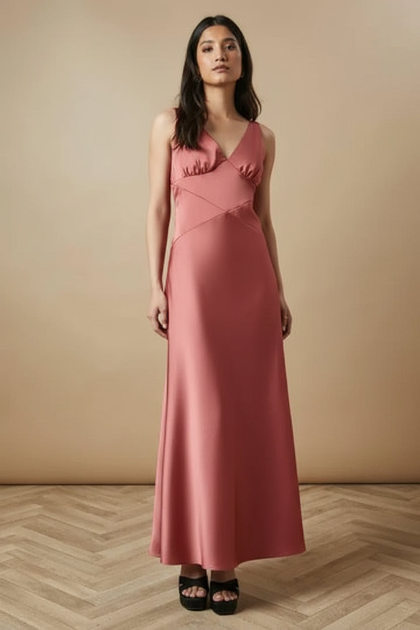 Sophisticated Satin A-Line V-Neck Sleeveless Low V-Back with Bow Floor-Length Evening Dresses