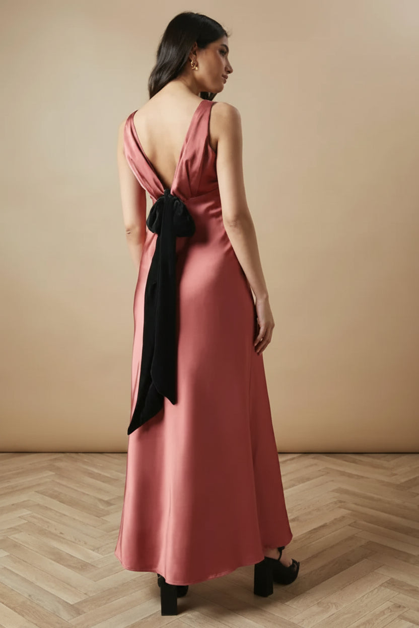 Sophisticated Satin A-Line V-Neck Sleeveless Low V-Back with Bow Floor-Length Evening Dresses