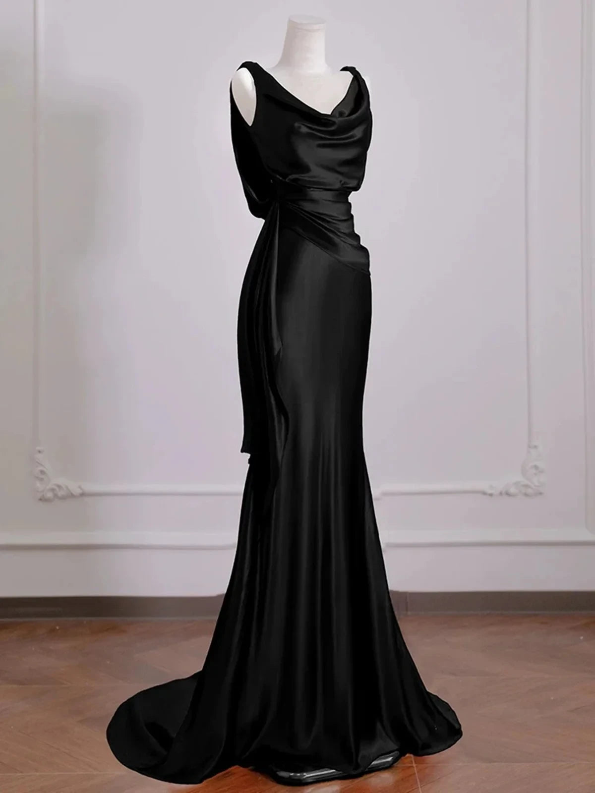 Sophisticated Satin Mermaid Cowl Neck Sleeveless Draped Back Floor-Length Evening Dresses