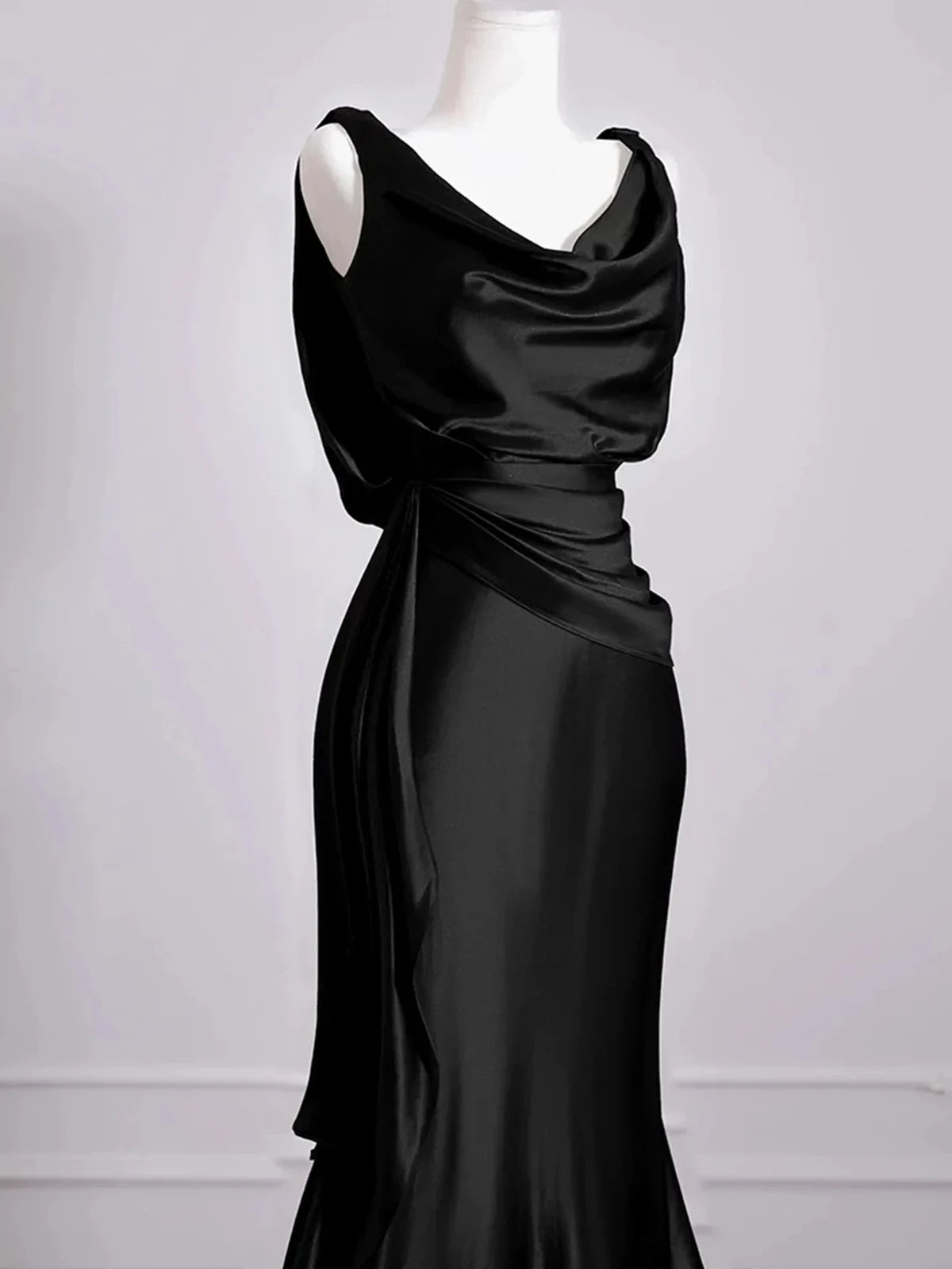 Sophisticated Satin Mermaid Cowl Neck Sleeveless Draped Back Floor-Length Evening Dresses