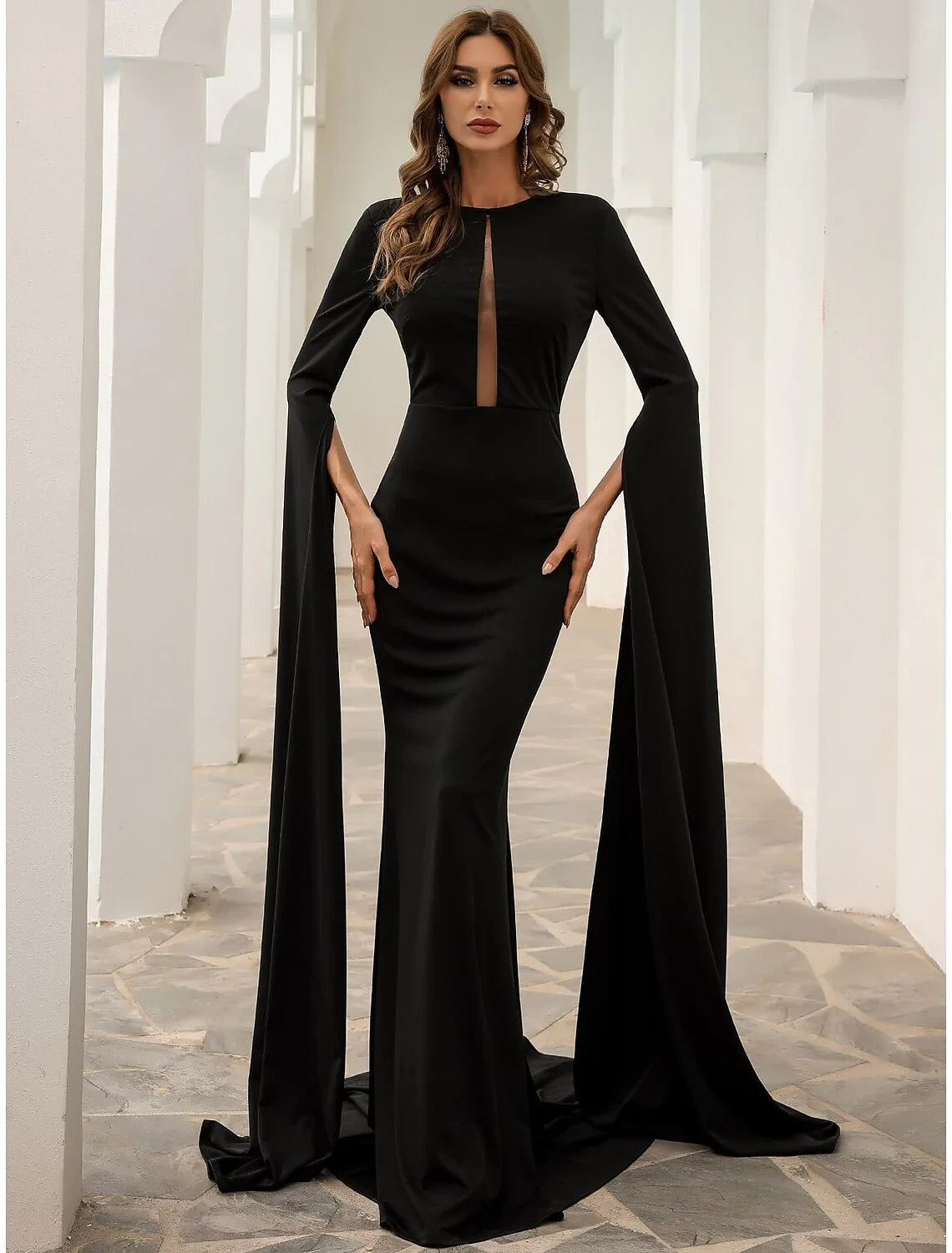 Sophisticated Satin Mermaid Jewel Neck with Slit Flowing Long Cape Sleeves Zipper Back Floor-Length Evening Dresses