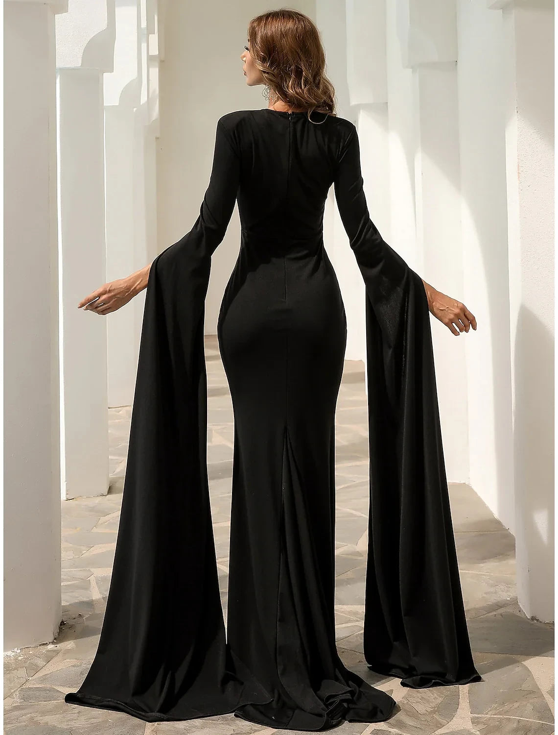 Sophisticated Satin Mermaid Jewel Neck with Slit Flowing Long Cape Sleeves Zipper Back Floor-Length Evening Dresses