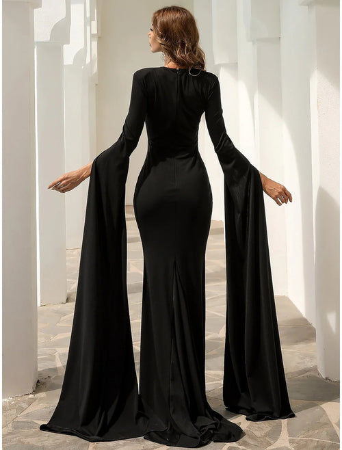Black Crepe Mermaid Floor-Length Dress with Keyhole Neck and Flowing Cape Sleeves