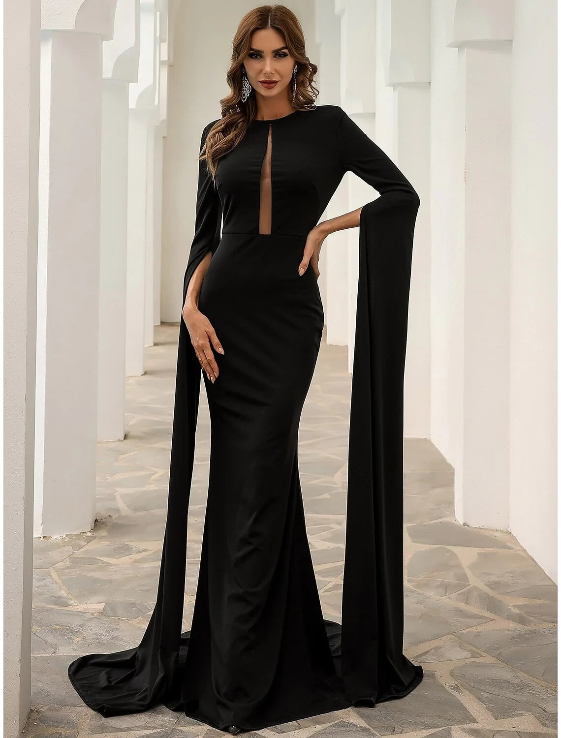 Sophisticated Satin Mermaid Jewel Neck with Slit Flowing Long Cape Sleeves Zipper Back Floor-Length Evening Dresses
