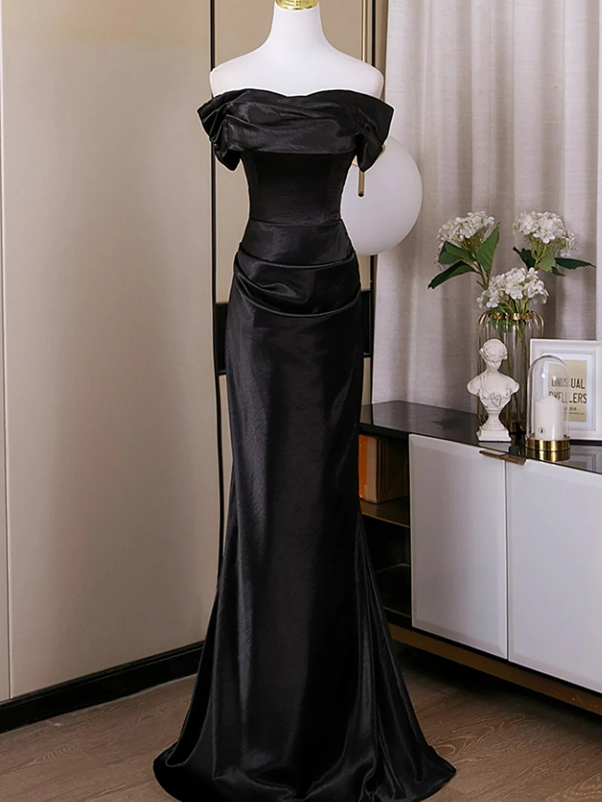 Sophisticated Satin Mermaid Off-Shoulder Short Sleeve Lace-Up Back Floor-Length Evening Dresses