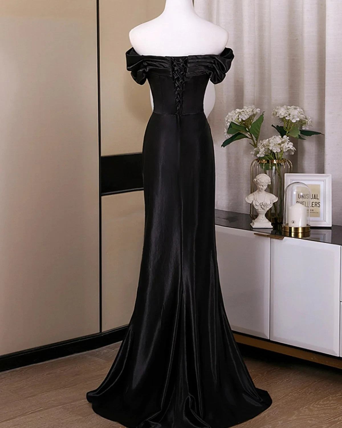 Sophisticated Satin Mermaid Off-Shoulder Short Sleeve Lace-Up Back Floor-Length Evening Dresses