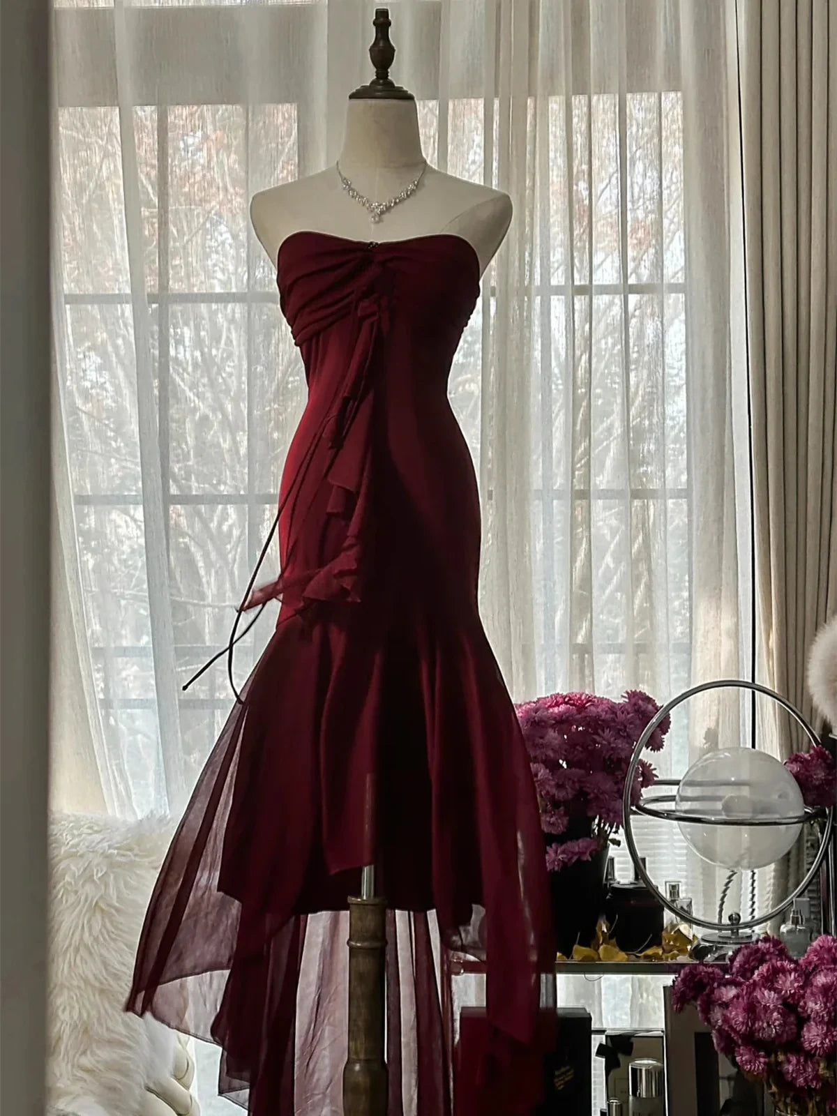 Sophisticated Satin Mermaid Sweetheart Strapless Open Back High-Low Evening Dresses