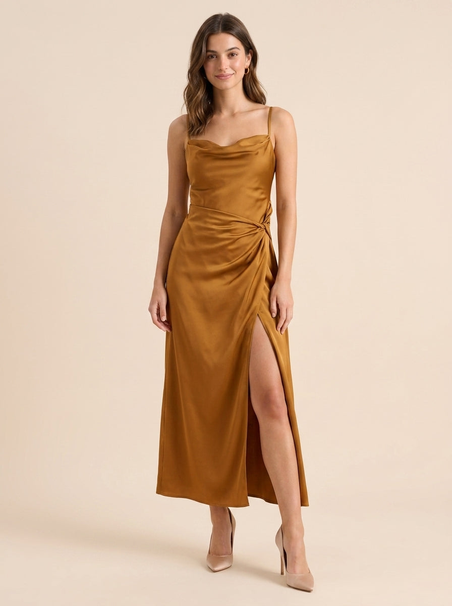 Sophisticated Satin Sheath Cowl Neck Spaghetti Strap Open Back Midi Evening Dresses
