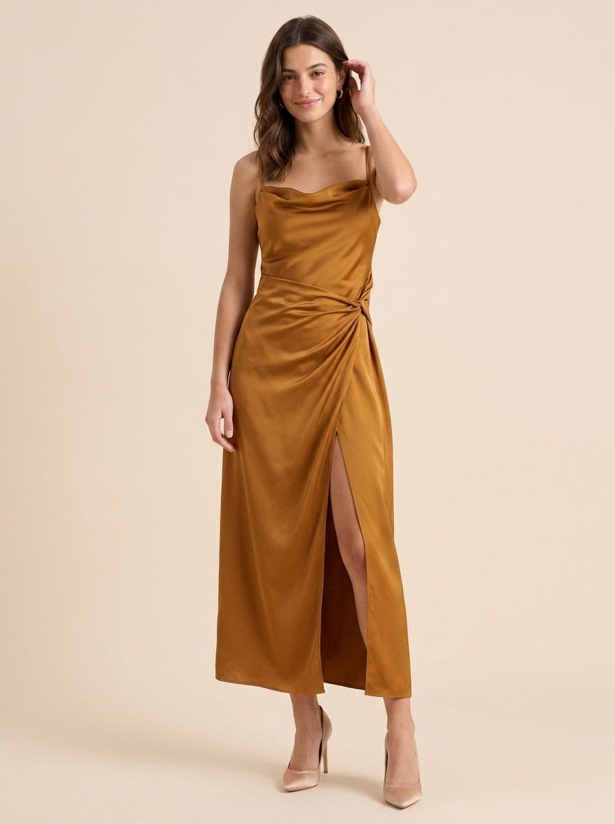 Sophisticated Satin Sheath Cowl Neck Spaghetti Strap Open Back Midi Evening Dresses