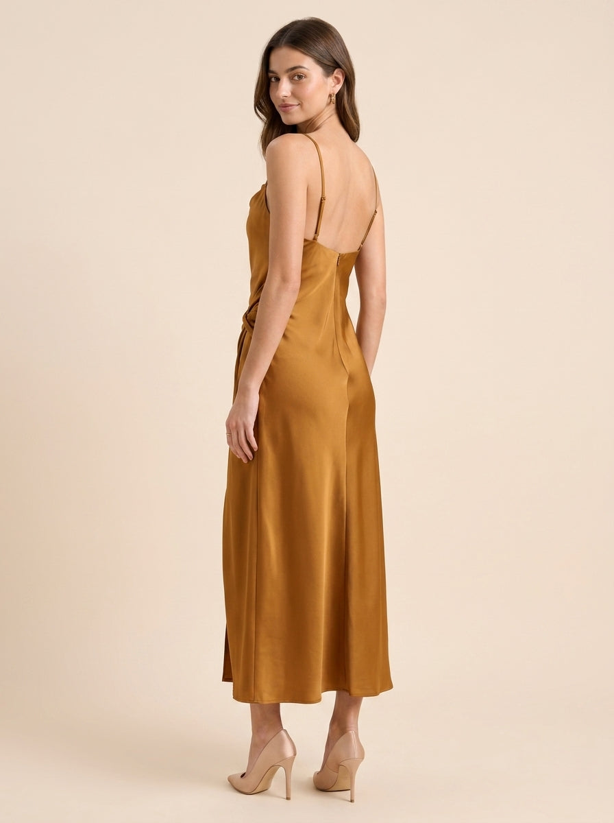 Sophisticated Satin Sheath Cowl Neck Spaghetti Strap Open Back Midi Evening Dresses