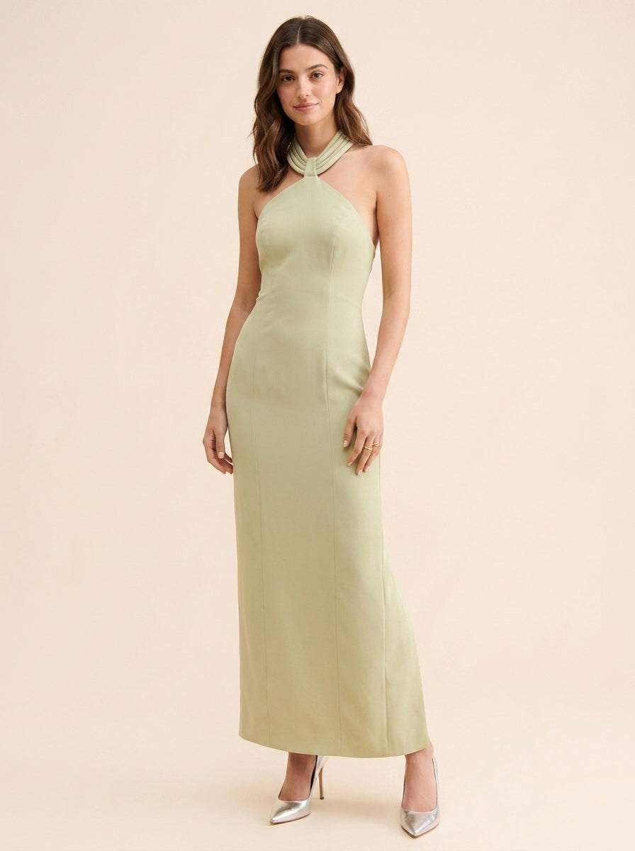 Sophisticated Satin Sheath Draped Halter Neck Sleeveless Open Back Floor-Length Evening Dresses