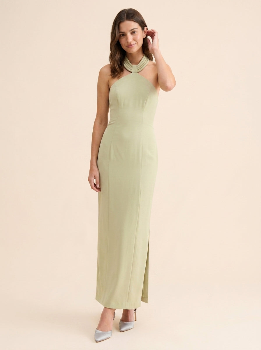 Sophisticated Satin Sheath Draped Halter Neck Sleeveless Open Back Floor-Length Evening Dresses