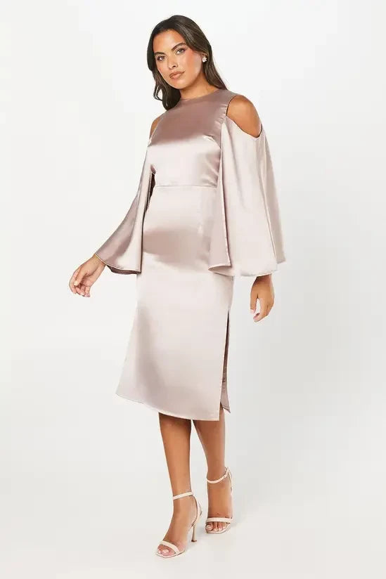 Sophisticated Satin Sheath High Neck Cold Shoulder Bell Sleeve High Back Midi Evening Dresses