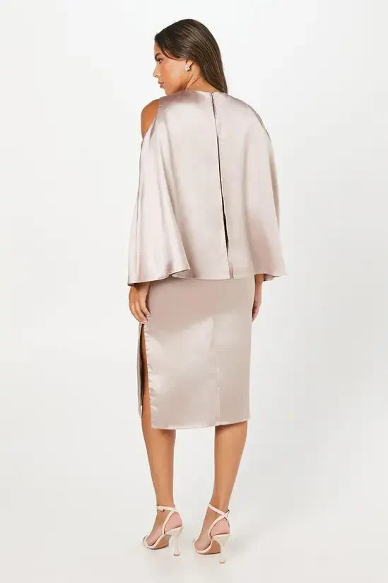 Sophisticated Satin Sheath High Neck Cold Shoulder Bell Sleeve High Back Midi Evening Dresses