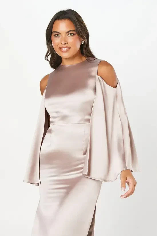 Sophisticated Satin Sheath High Neck Cold Shoulder Bell Sleeve High Back Midi Evening Dresses