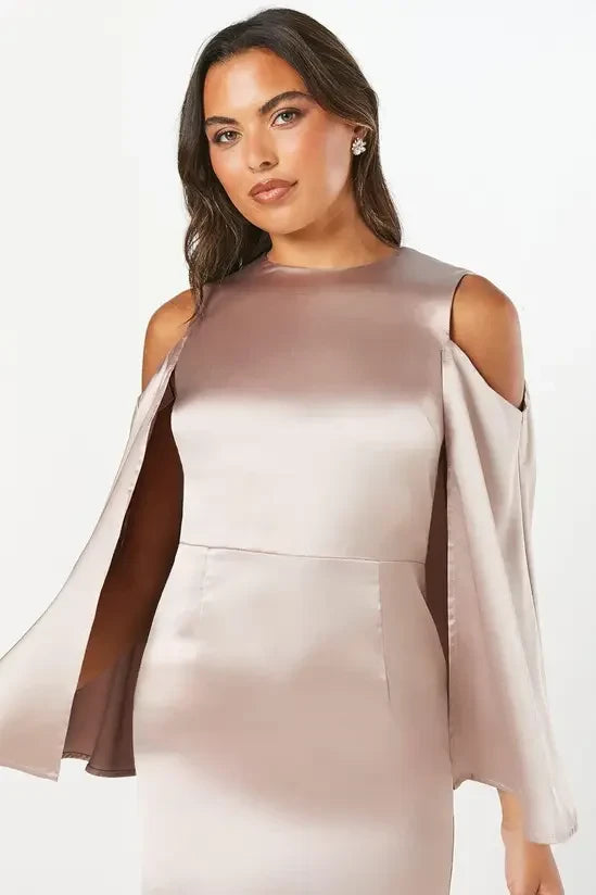 Sophisticated Satin Sheath High Neck Cold Shoulder Bell Sleeve High Back Midi Evening Dresses