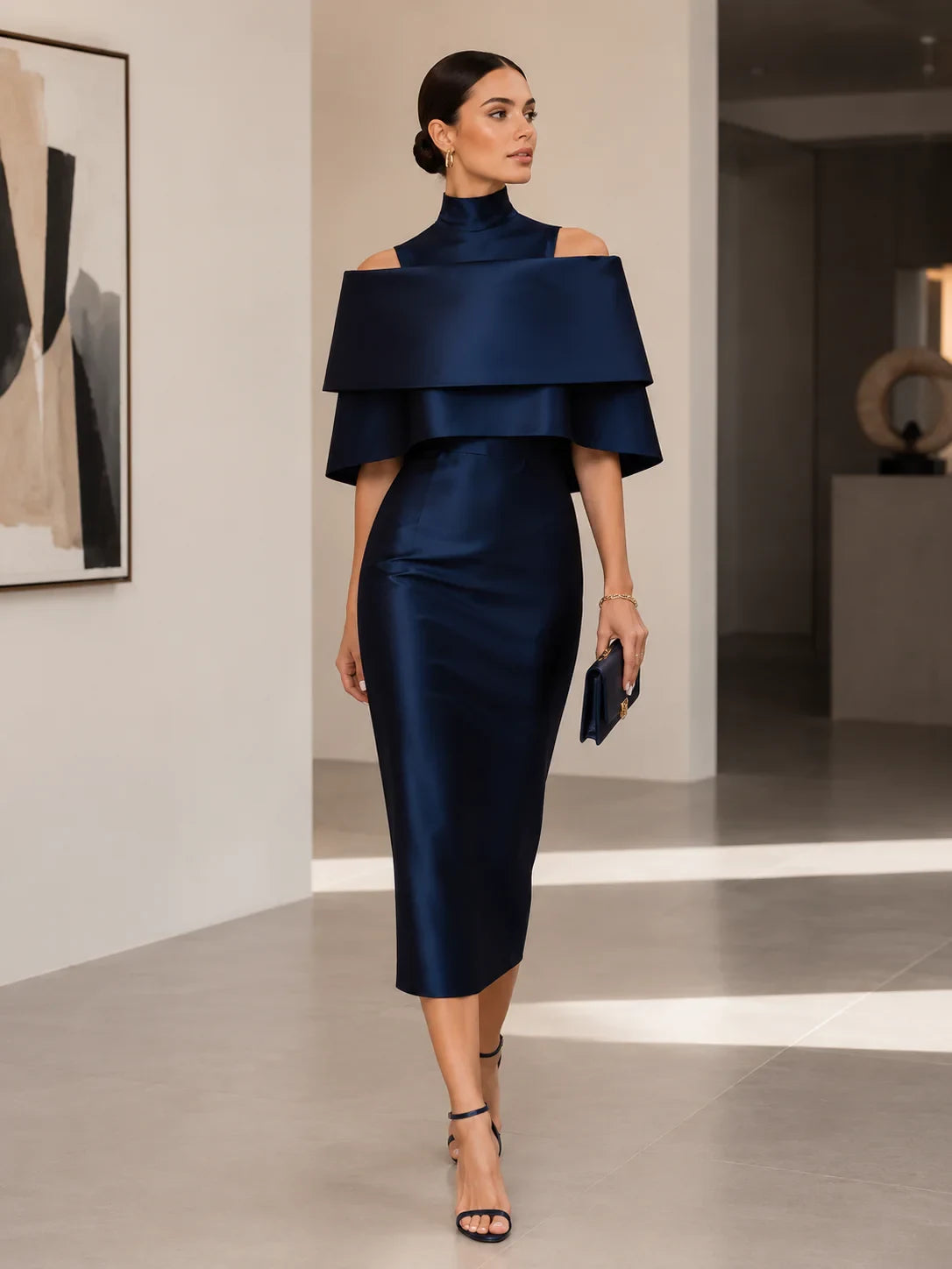 Sophisticated Satin Sheath High Neck Tiered Off-Shoulder Midi Length Zipper Back Evening Dresses