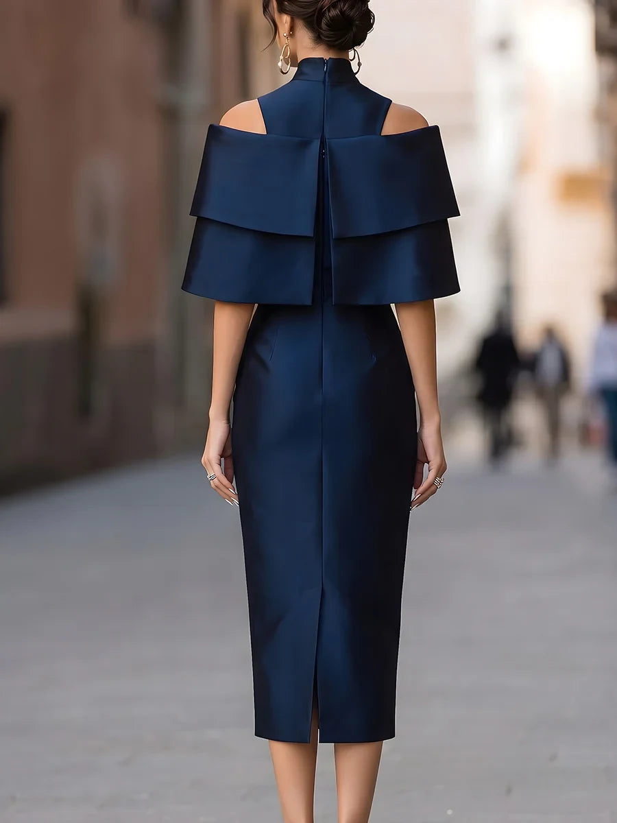 Sophisticated Satin Sheath High Neck Tiered Off-Shoulder Midi Length Zipper Back Evening Dresses