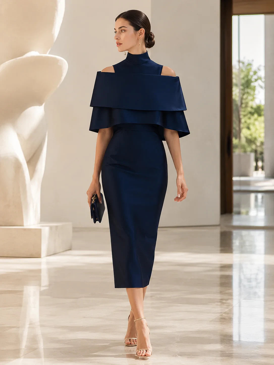Sophisticated Satin Sheath High Neck Tiered Off-Shoulder Midi Length Zipper Back Evening Dresses