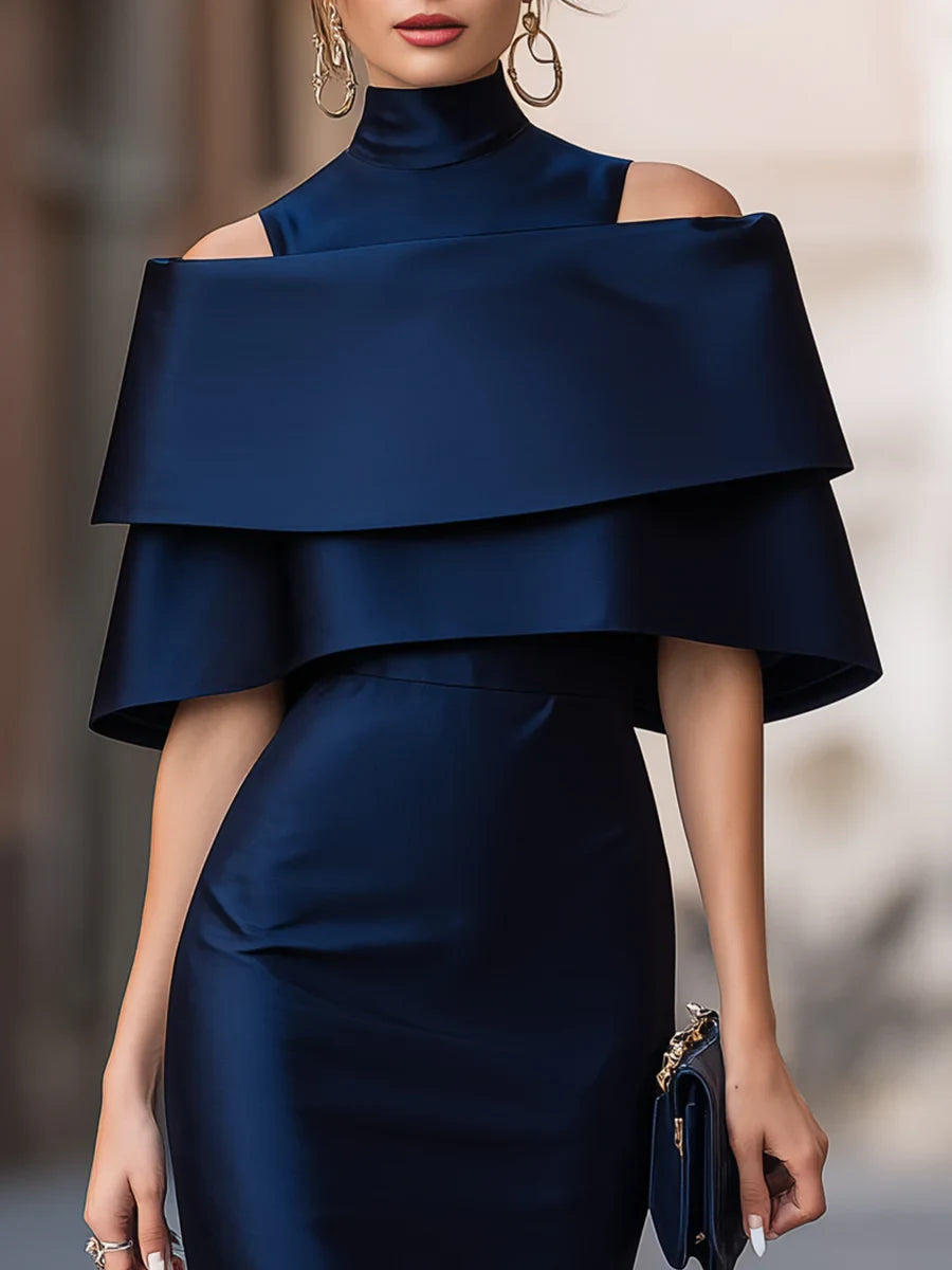 Sophisticated Satin Sheath High Neck Tiered Off-Shoulder Midi Length Zipper Back Evening Dresses