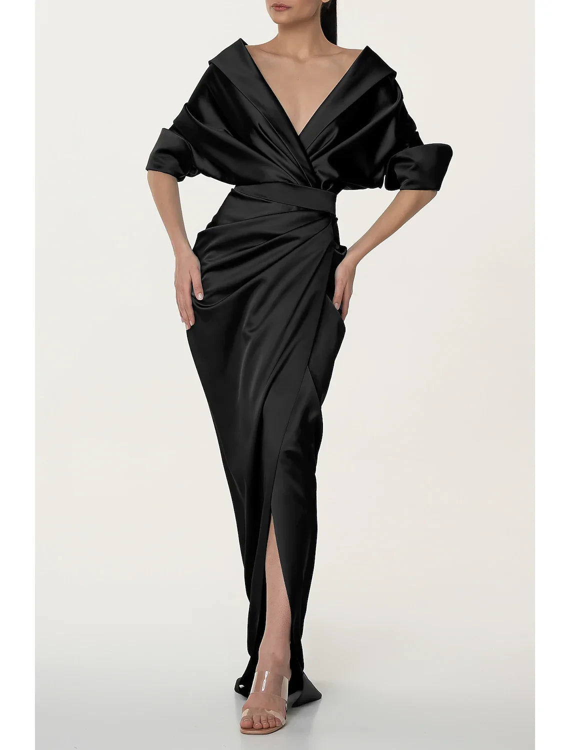 Sophisticated Satin Sheath V-Neck Short Sleeve Zipper Back Floor-Length Evening Dresses