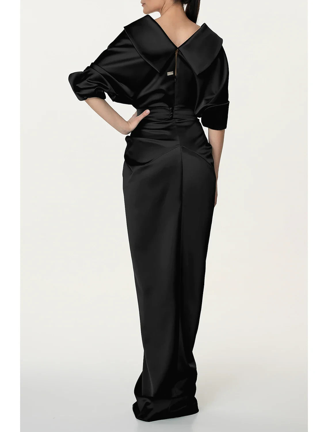 Sophisticated Satin Sheath V-Neck Short Sleeve Zipper Back Floor-Length Evening Dresses