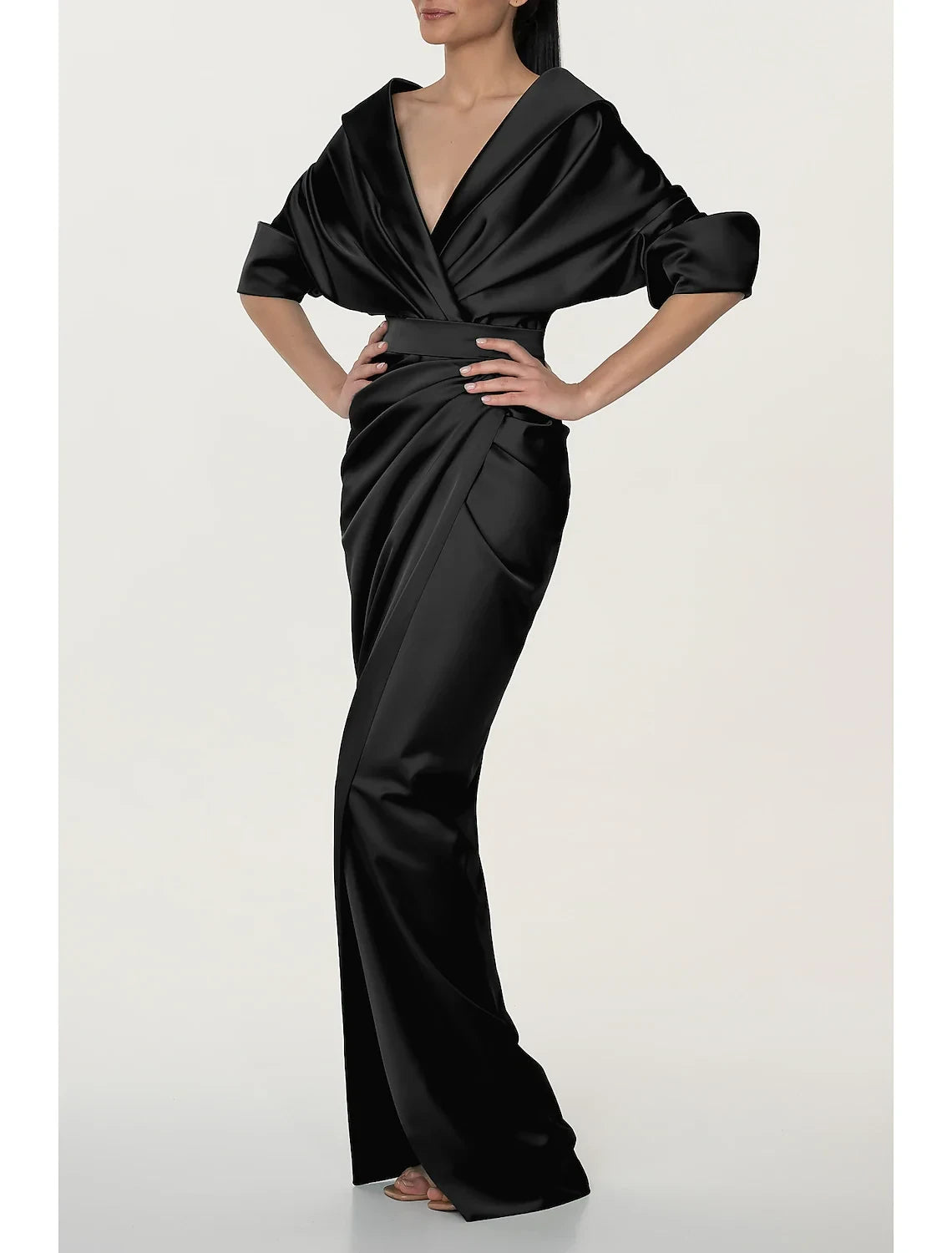 Sophisticated Satin Sheath V-Neck Short Sleeve Zipper Back Floor-Length Evening Dresses
