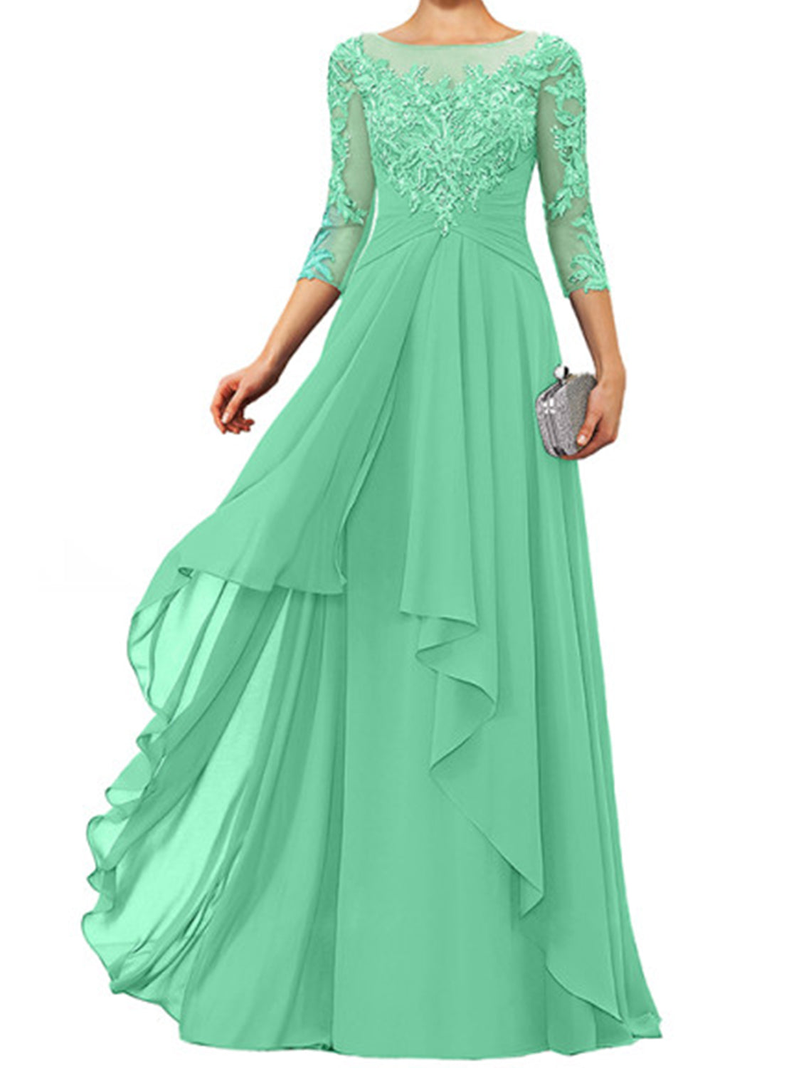 Dark Navy Chiffon A-Line Floor-Length Evening Dress - Illusion Neck Lace Appliques