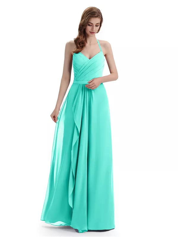 Charming Halter V-neck Off Shoulder Sleeveless Floor Length Bridesmaid Dresses