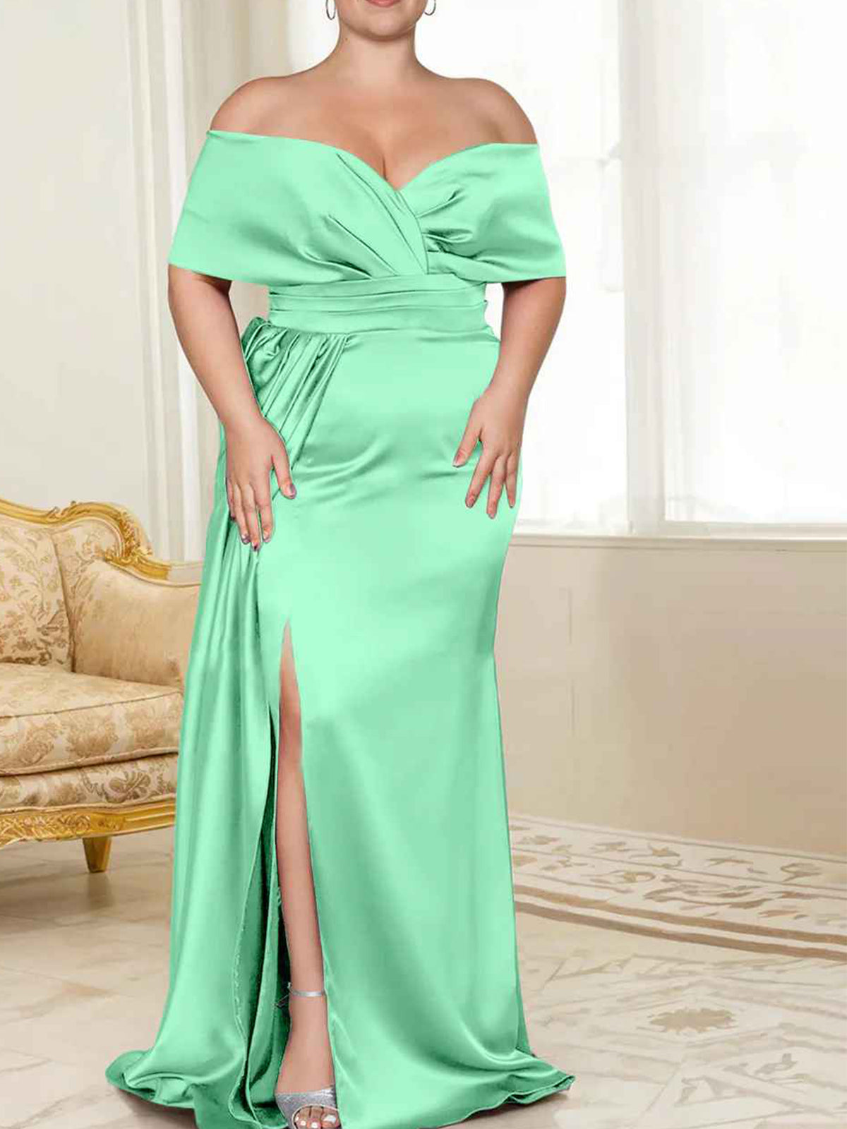 Wisteria Satin Off-the-Shoulder Floor-Length Bridesmaid & Wedding Guest Dress