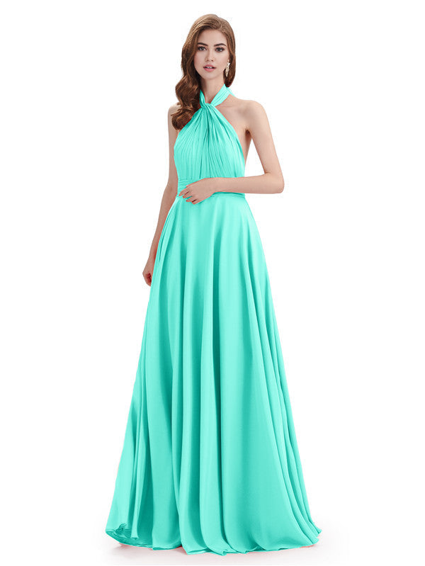 Simple A-Line High Neck Halter Sleeveless Pleats Chiffon Floor Length Bridesmaid Dresses