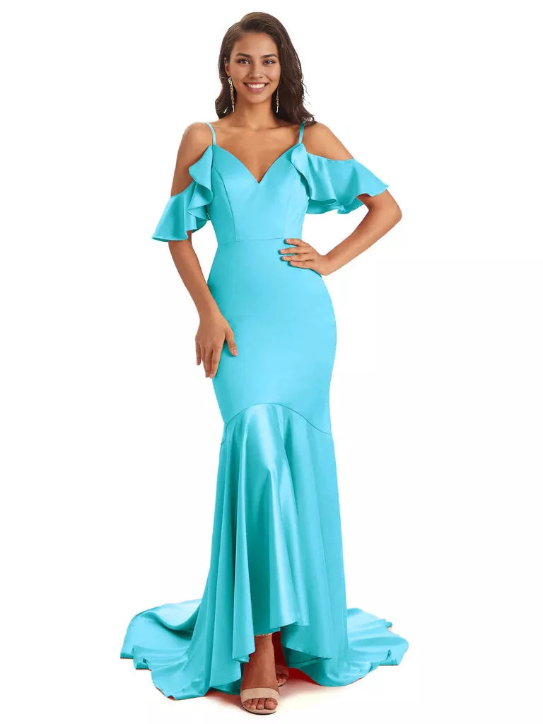 Soft Satin Asymmetric Spaghetti Straps Sleeveless Mermaid Cold Shoulder Bridesmaid Dresses