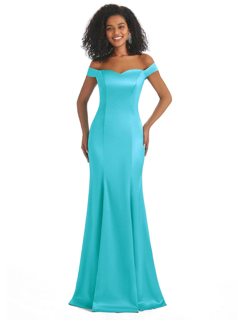 Vestidos de dama de honor largos, sencillos, de satén suave, sin mangas y con hombros descubiertos, de corte sirena