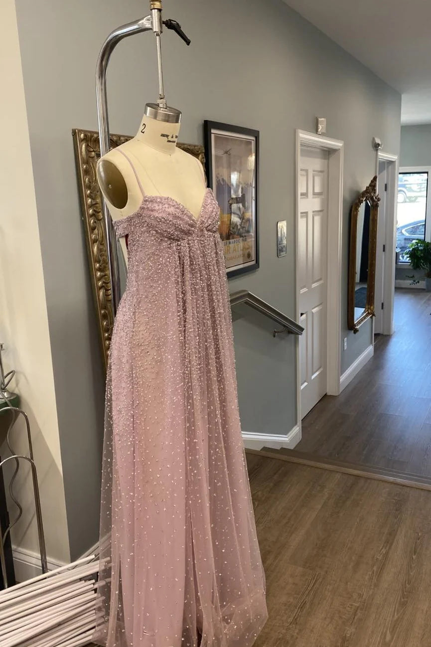 Spaghetti Strap Beaded Tulle Prom Dress with Open Back and Flowy Skirt