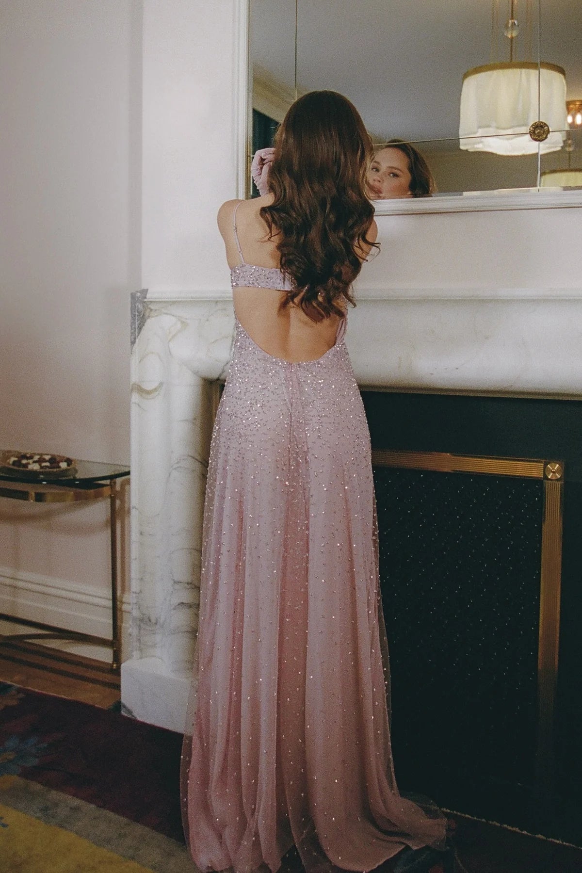 Spaghetti Strap Beaded Tulle Prom Dress with Open Back and Flowy Skirt