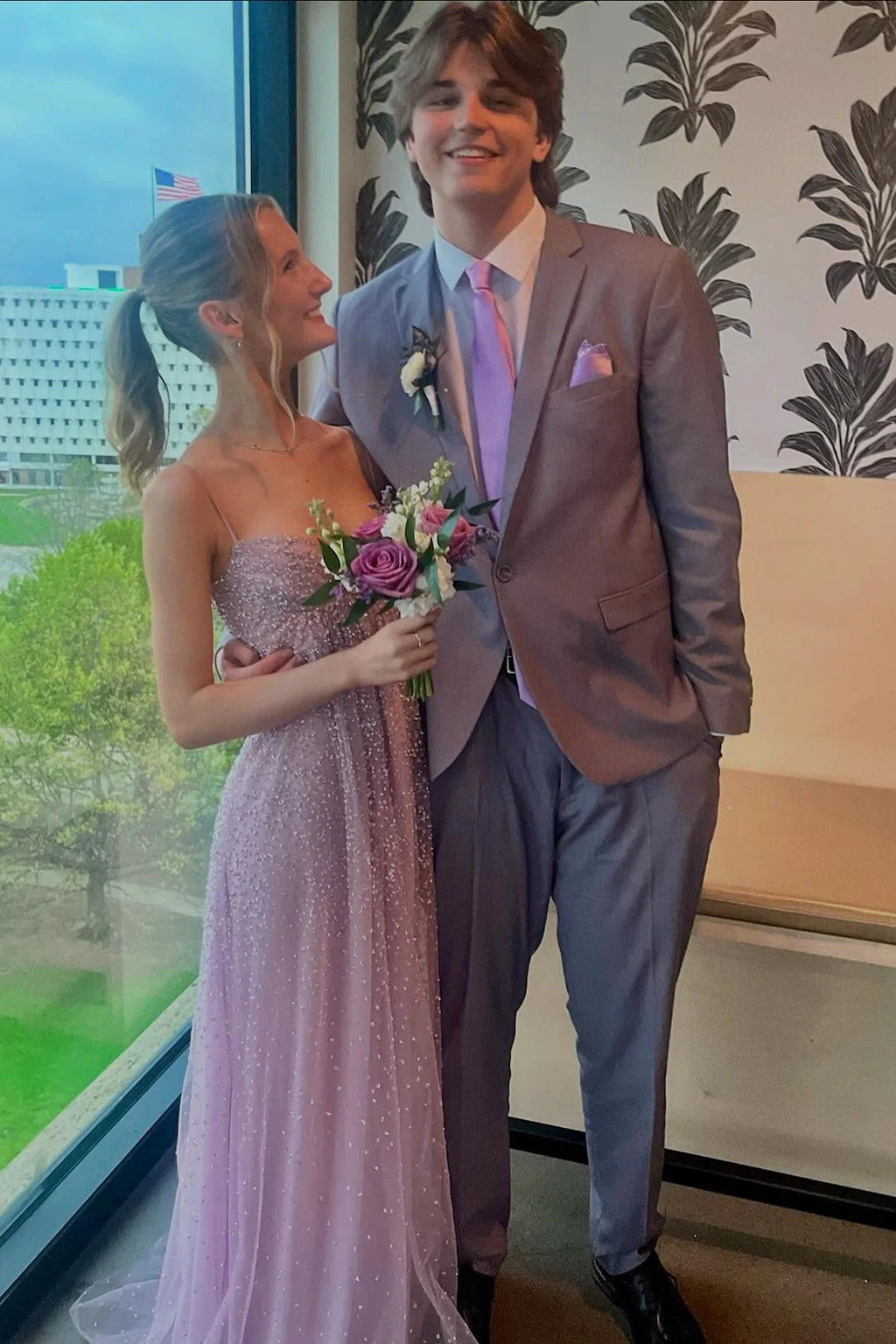 Lilac Tulle A-Line Floor-Length Bridesmaid Dress with Sparkling Embellishments