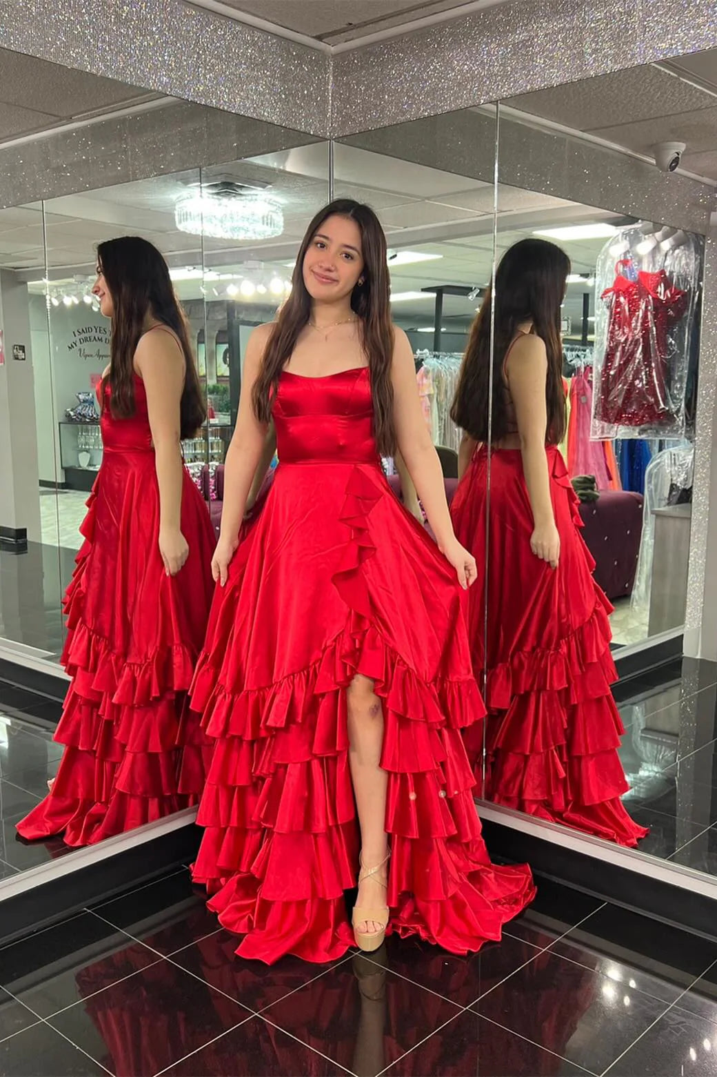 Pink Satin A-Line Asymmetrical Gown with Straight Neck & Ruffled High-Low Hem