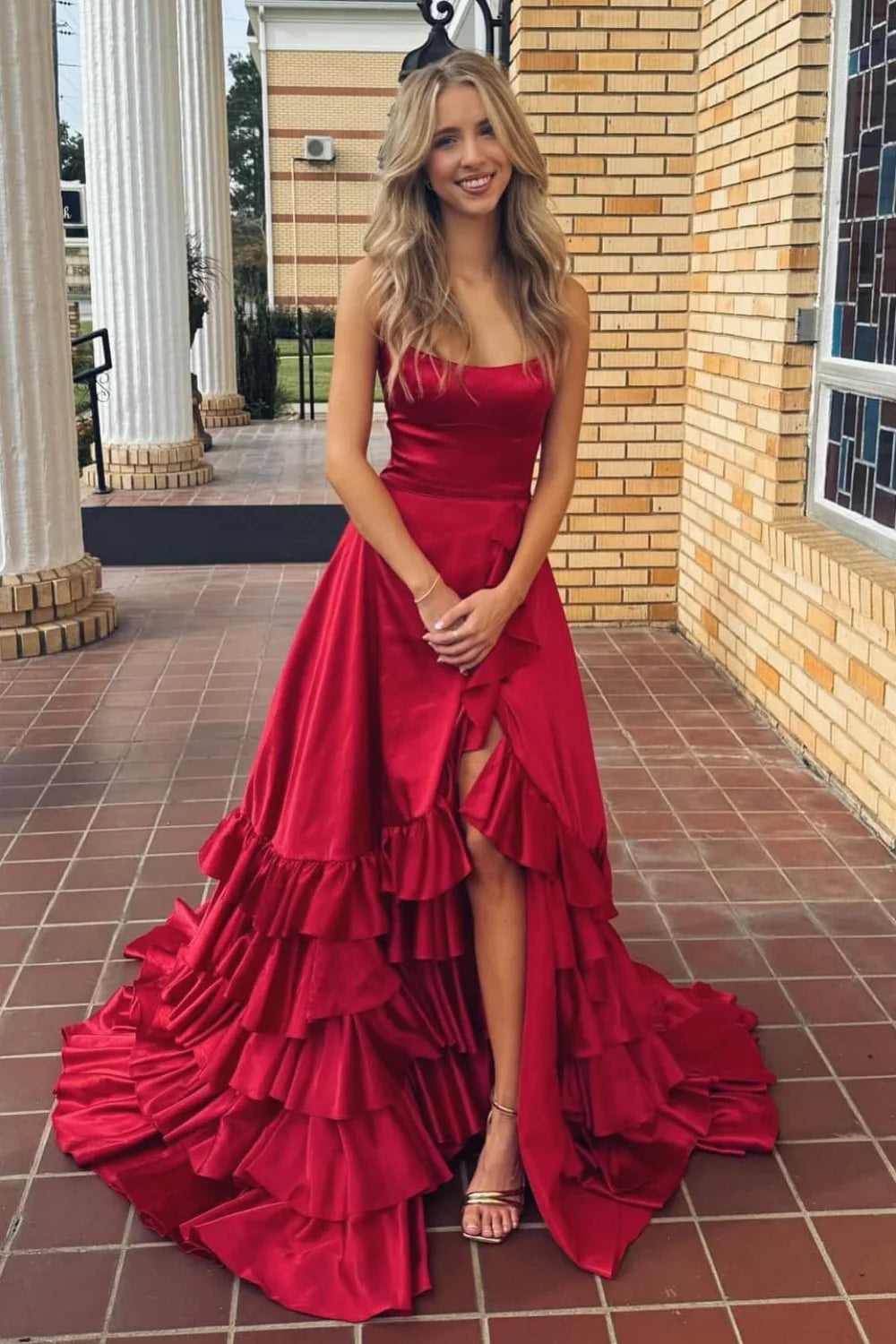 Pink Satin A-Line Asymmetrical Gown with Straight Neck & Ruffled High-Low Hem