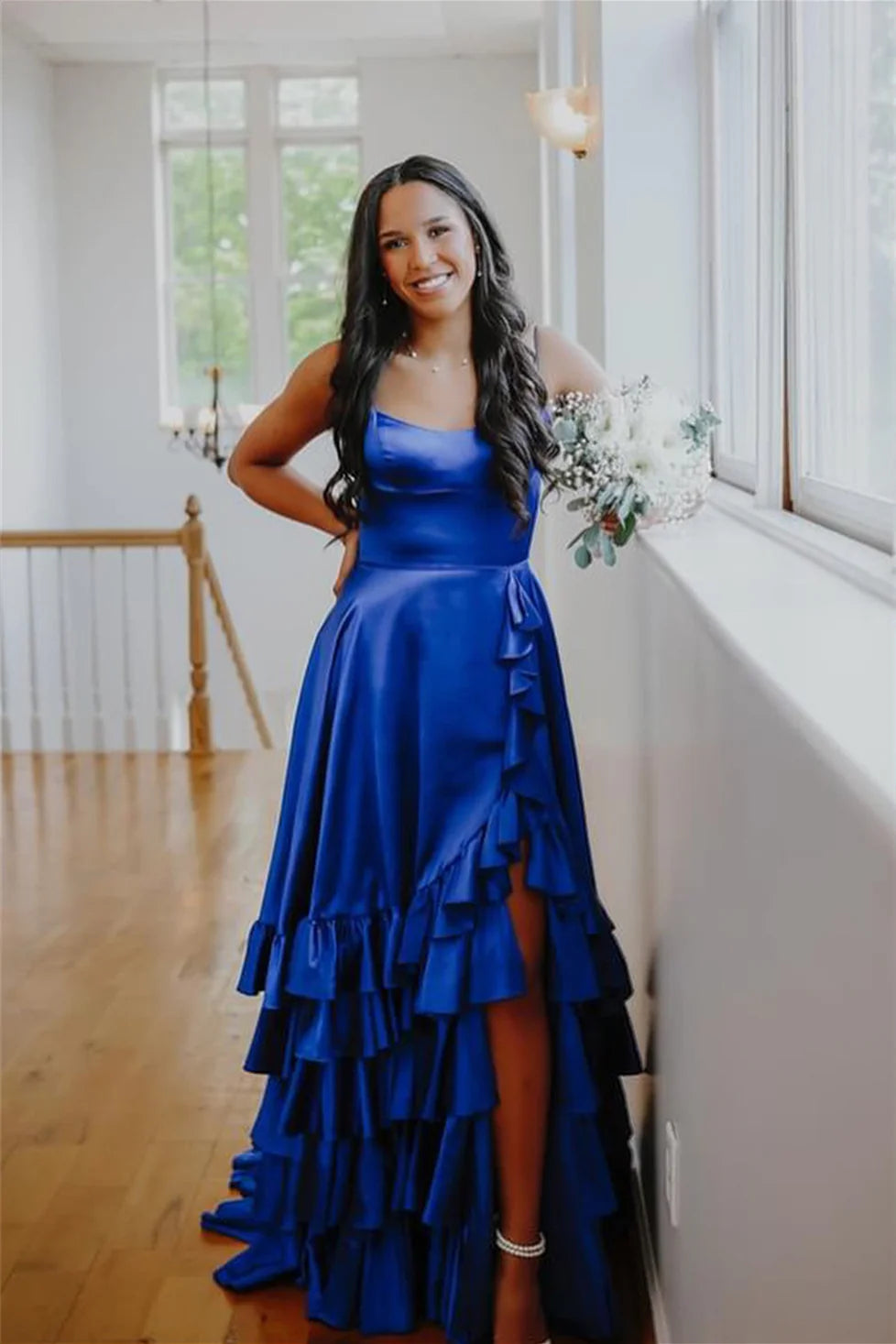 Spaghetti Strap Ruffle Tiered Prom Dresses High Slit Lace Up Back Train Formal Gown