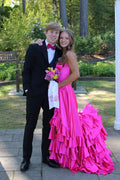 Pink Satin A-Line Asymmetrical Gown with Straight Neck & Ruffled High-Low Hem