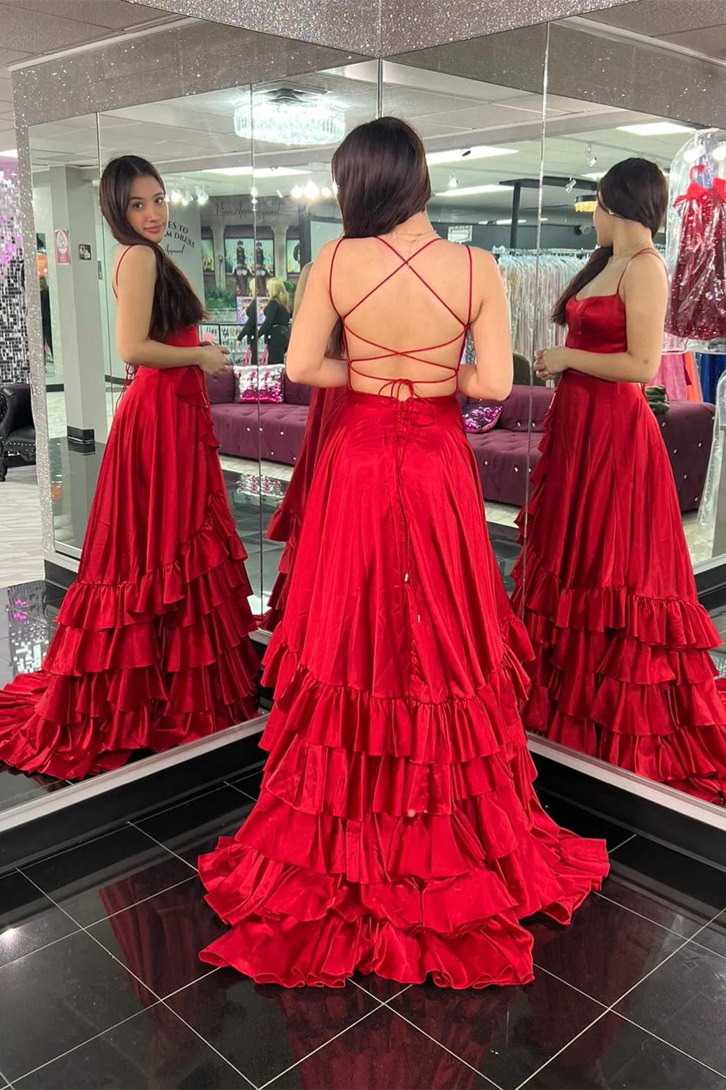 Spaghetti Strap Ruffle Tiered Prom Dresses High Slit Lace Up Back Train Formal Gown