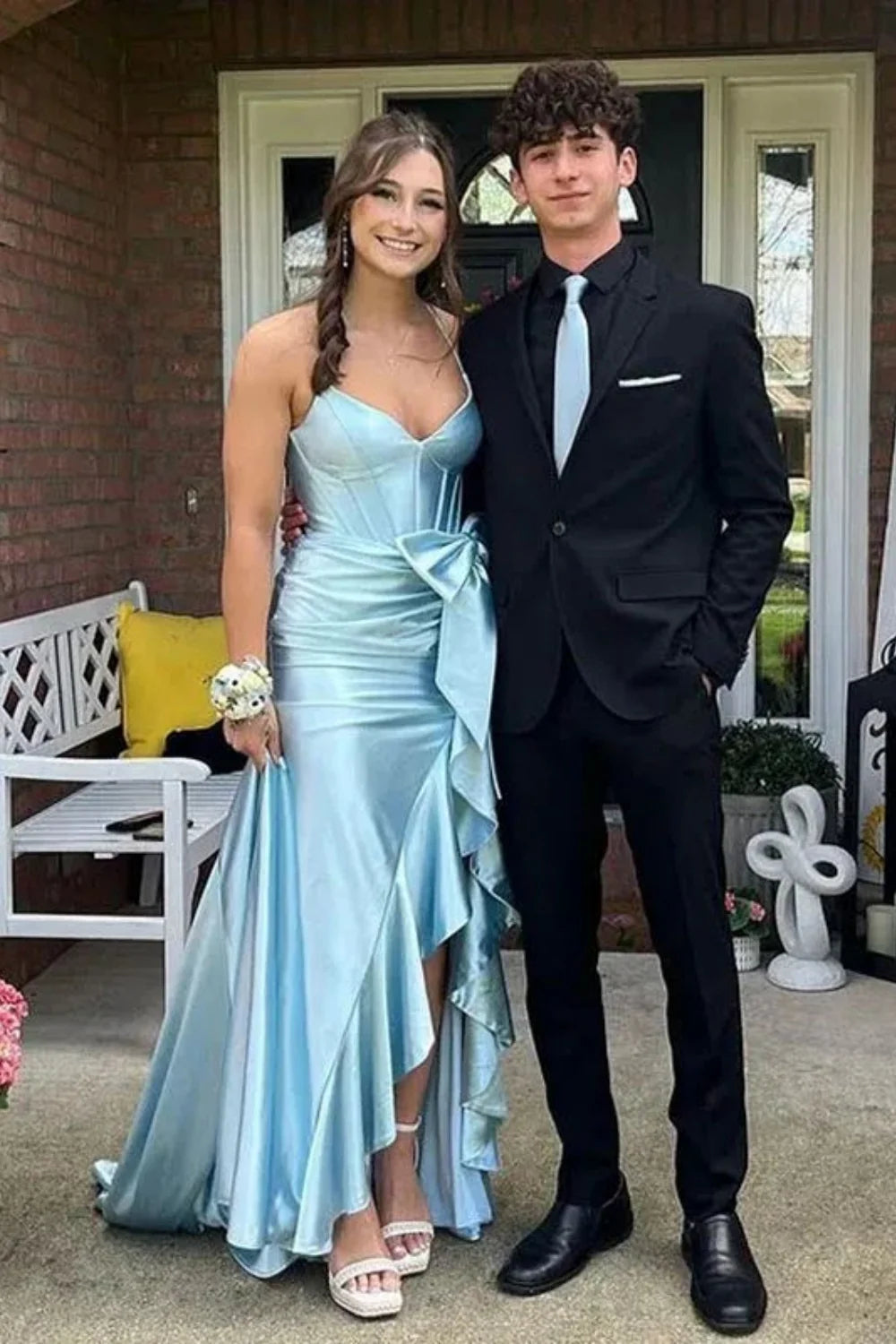 Sky Blue Satin A-Line High-Low Sweetheart Evening Dress